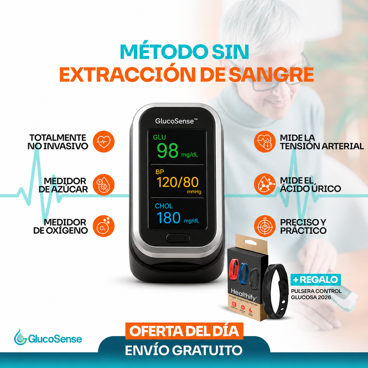 GlucoSense™ 3 en 1 : Medidor de Glucosa Sin Dolor + Colesterol + Presión Arterial + Oxígeno + ENVÍO GRATIS